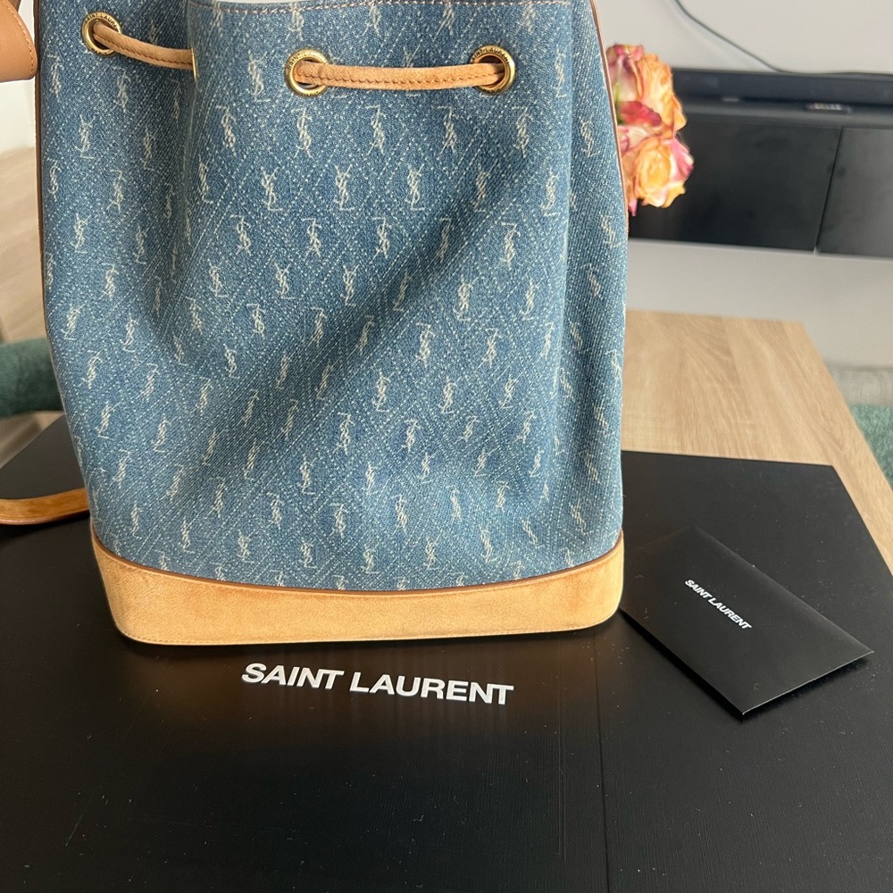 Large Saint Laurent Blue and Tan Tote Bag with Luxe Leather Accents